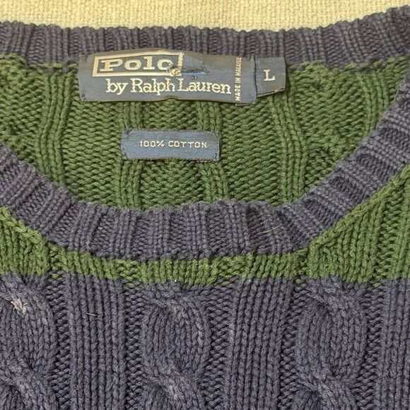 Polo Ralph Lauren Sweater Mens Large Blue Green Cable Knit Crewneck 90's Y2k - Picture 2 of 8